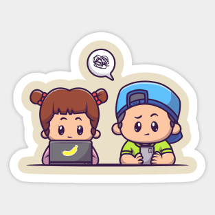 Cute Girl And Cute Boy Playing Gadget Cartoon Sticker